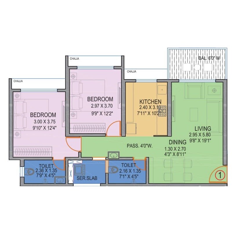 Floor plan of 2 BHK 785 Sq. Ft. Apartment in Mangeshi Woods, Thane
