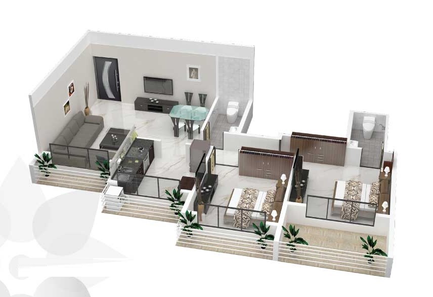 Floor plan of 3 BHK 730 Sq. Ft. Apartment in Manohar Vikas Shreeji Paraiso Phase I, Thane