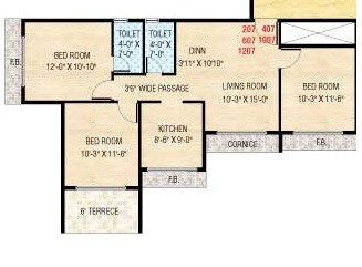 Floor plan of 2 BHK 599 Sq. Ft. Apartment in Manohar Vikas Shreeji Paraiso Phase I, Thane