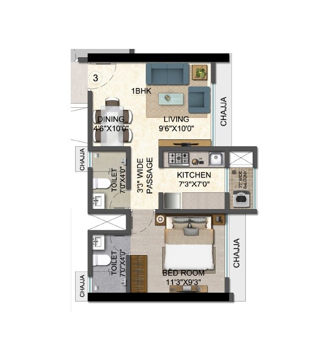 Floor plan of 1 BHK 310 Sq. Ft. Apartment in Mansarovar Residency, Thane
