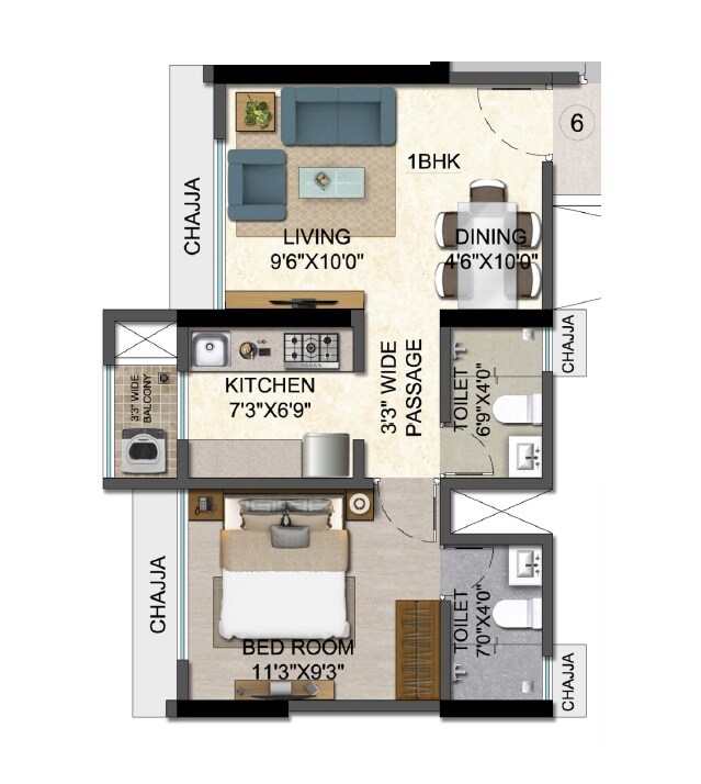 Floor plan of 1 BHK 393 Sq. Ft. Apartment in Mansarovar Residency, Thane