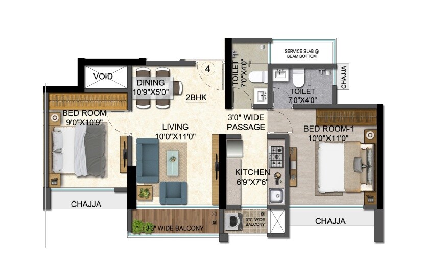 Floor plan of 2 BHK 496 Sq. Ft. Apartment in Mansarovar Residency, Thane