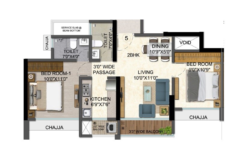 Floor plan of 2 BHK 534 Sq. Ft. Apartment in Mansarovar Residency, Thane