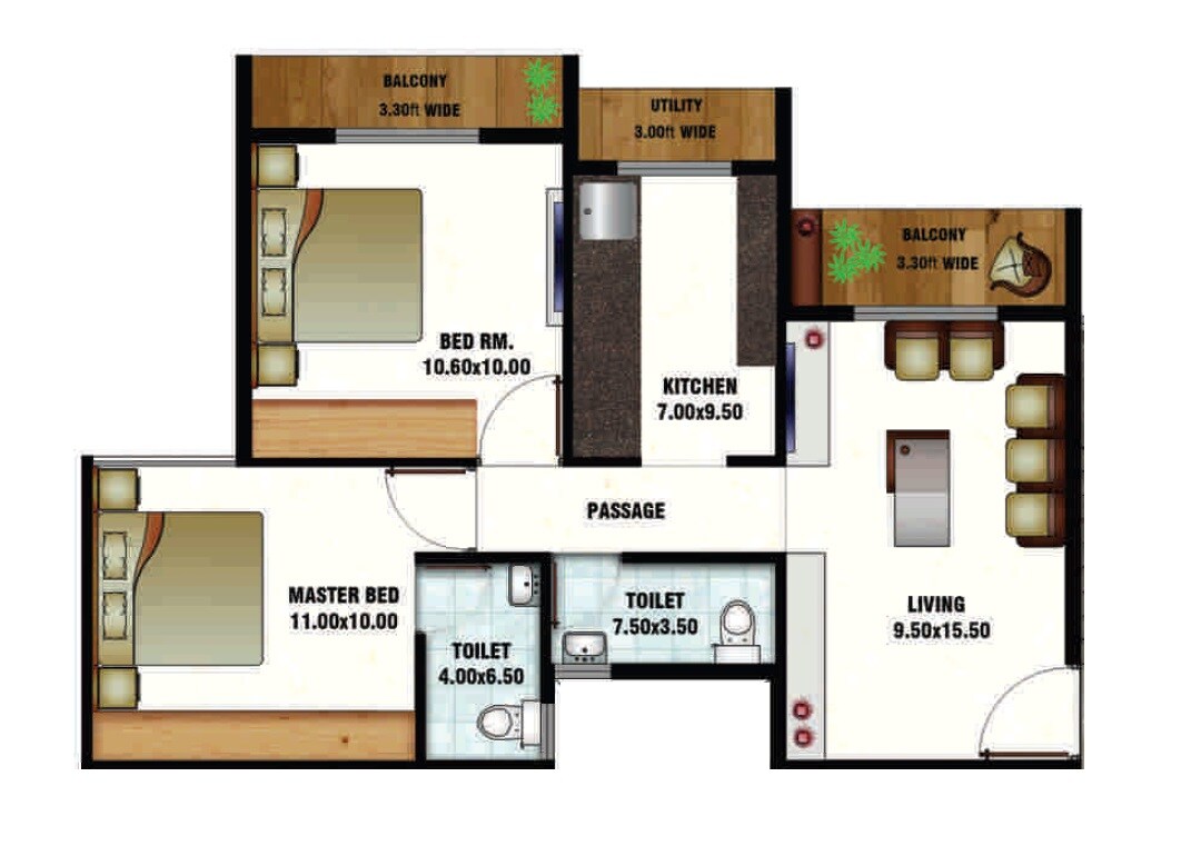 Floor plan of 2 BHK 520 Sq. Ft. Apartment in Marathe Shubhanand NX And Greenland NX, Thane