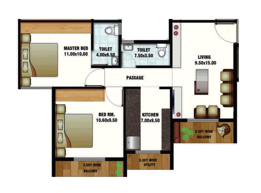 Floor plan of 2 BHK 574 Sq. Ft. Apartment in Marathe Shubhanand NX And Greenland NX, Thane