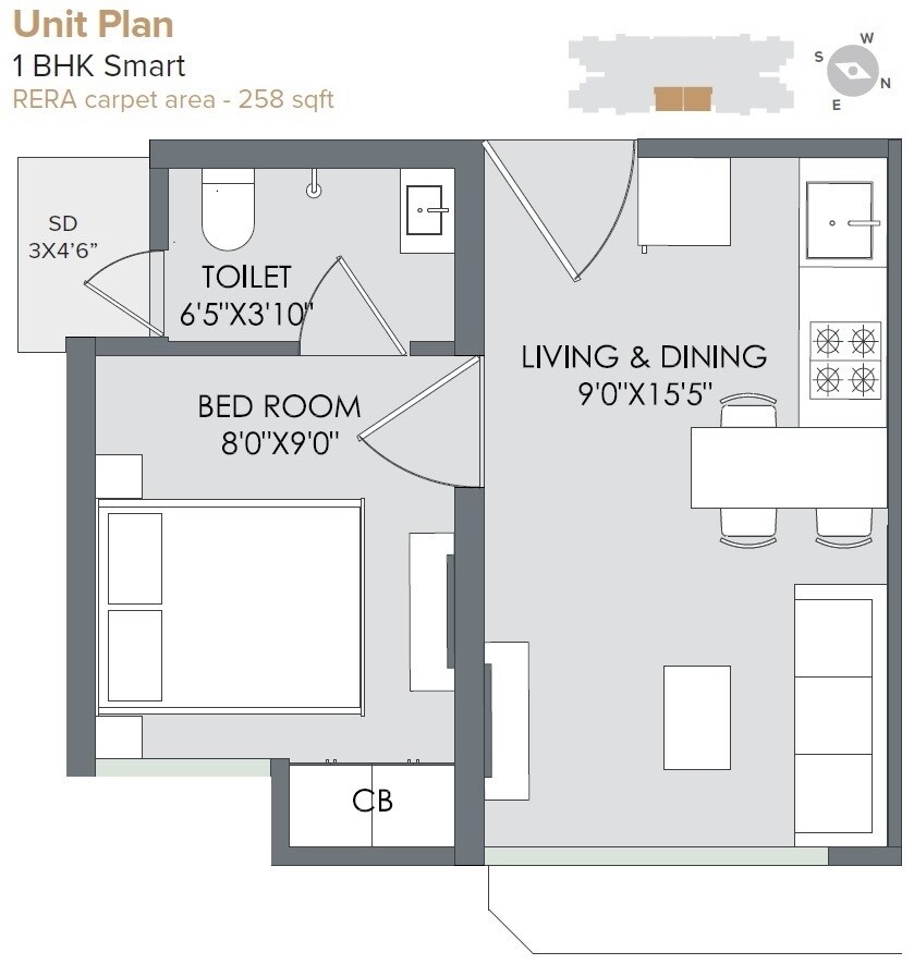 Floor plan of 1 BHK 258 Sq. Ft. Apartment in Marathon Nextown Phase 2, Thane