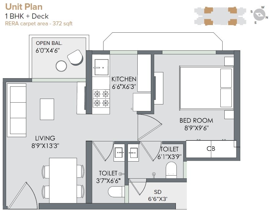 Floor plan of 1 BHK 372 Sq. Ft. Apartment in Marathon Nextown Phase 2, Thane