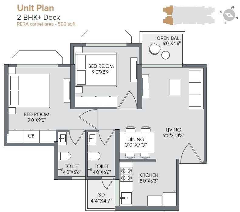 Floor plan of 2 BHK 500 Sq. Ft. Apartment in Marathon Nextown Phase 2, Thane
