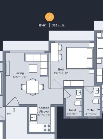 Floor plan of 1 BHK 332 Sq. Ft. Apartment in Marathon Nexworld, Thane