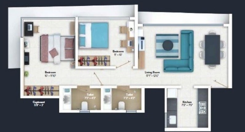 Floor plan of 2 BHK 605 Sq. Ft. Apartment in Marathon Nexworld Elara 2, Thane
