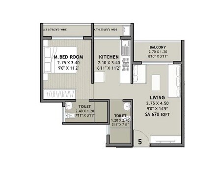 Floor plan of 1 BHK 388 Sq. Ft. Apartment in Marque Ram Regalia, Thane