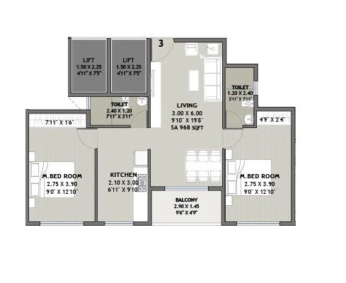 Floor plan of 2 BHK 622 Sq. Ft. Apartment in Marque Ram Regalia, Thane