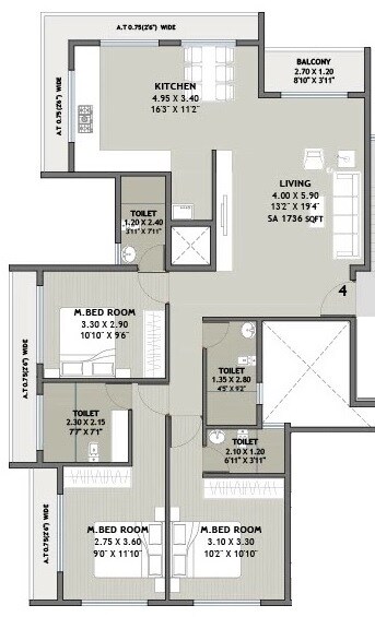Floor plan of 3 BHK 1016 Sq. Ft. Apartment in Marque Ram Regalia, Thane