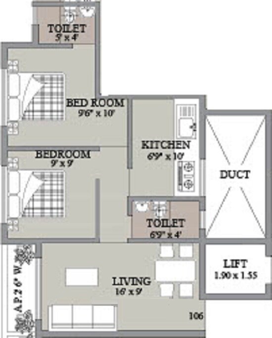 Floor plan of 2 BHK 501 Sq. Ft. Apartment in Marque Ram Royale, Thane