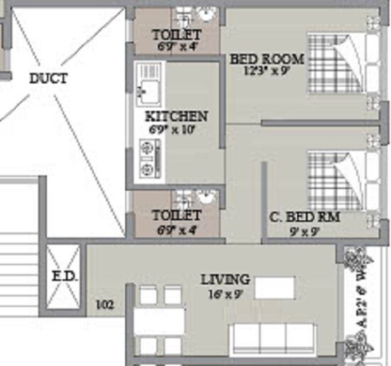 Floor plan of 2 BHK 620 Sq. Ft. Apartment in Marque Ram Royale, Thane