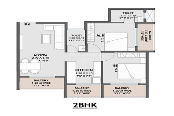 Floor plan of 2 BHK 600 Sq. Ft. Apartment in Marque Ram Rubellite, Thane