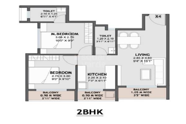Floor plan of 2 BHK 636 Sq. Ft. Apartment in Marque Ram Rubellite, Thane