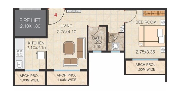 Floor plan of 1 BHK 365 Sq. Ft. Apartment in Maruti PG Vrundavan, Thane