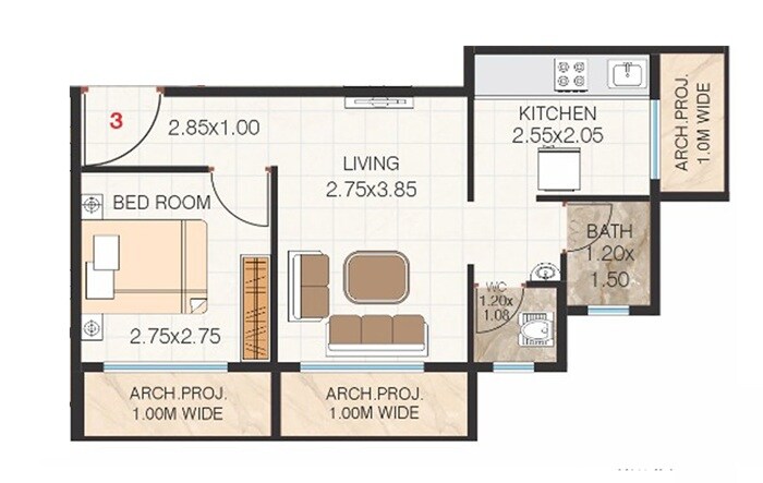 Floor plan of 1 BHK 418 Sq. Ft. Apartment in Maruti PG Vrundavan, Thane