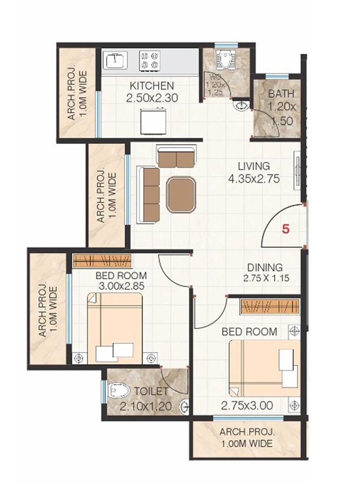Floor plan of 2 BHK 620 Sq. Ft. Apartment in Maruti PG Vrundavan, Thane