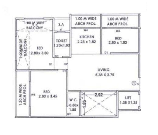 Floor plan of 3 BHK 468 Sq. Ft. Apartment in Maruti Sai Majestic Park, Thane