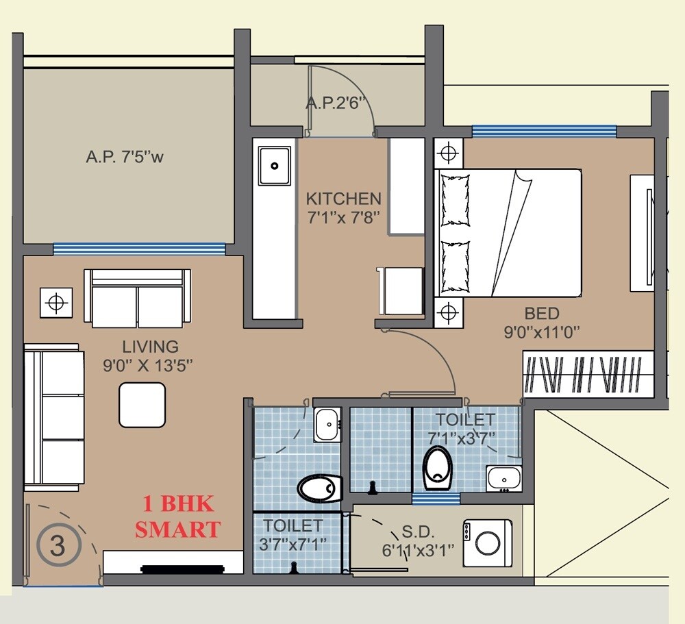 Floor plan of 1 BHK 465 Sq. Ft. Apartment in Matoshree Excellency, Thane