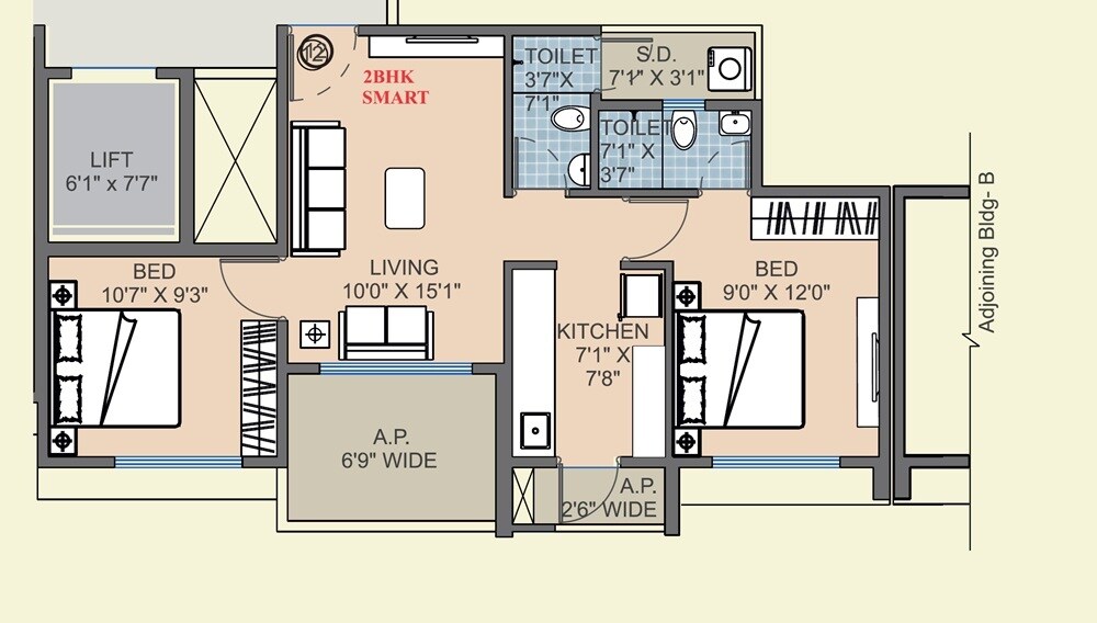Floor plan of 2 BHK 625 Sq. Ft. Apartment in Matoshree Excellency, Thane