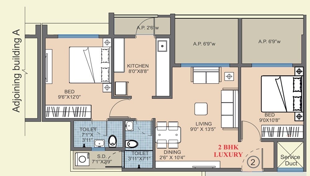 Floor plan of 2 BHK 730 Sq. Ft. Apartment in Matoshree Excellency, Thane