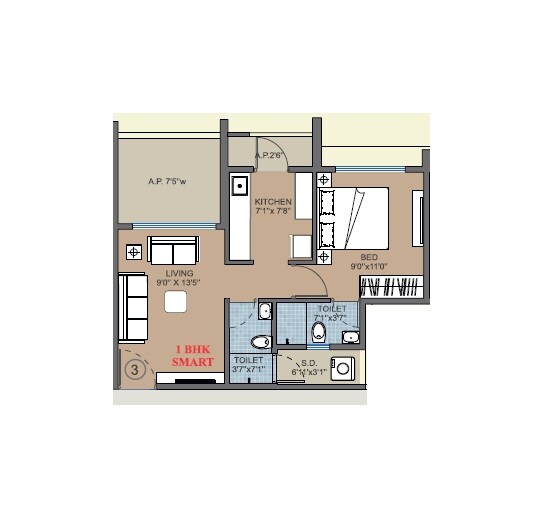 1 BHK 349 Sq. Ft. Apartment