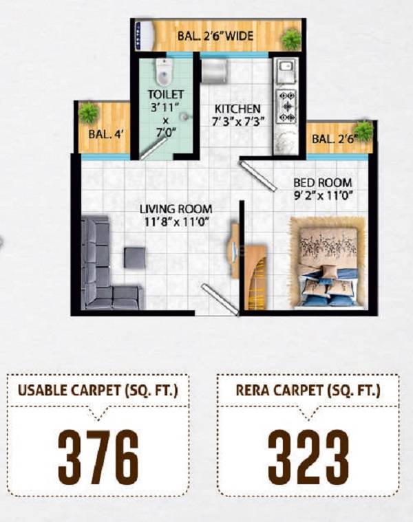 Floor plan of 1 BHK 323 Sq. Ft. Apartment in Maya Narayani Dham, Thane