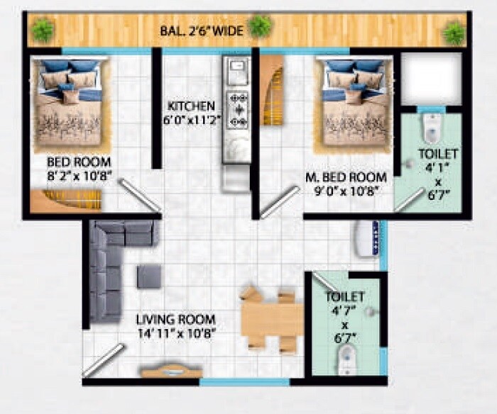 Floor plan of 2 BHK 453 Sq. Ft. Apartment in Maya Narayani Dham, Thane