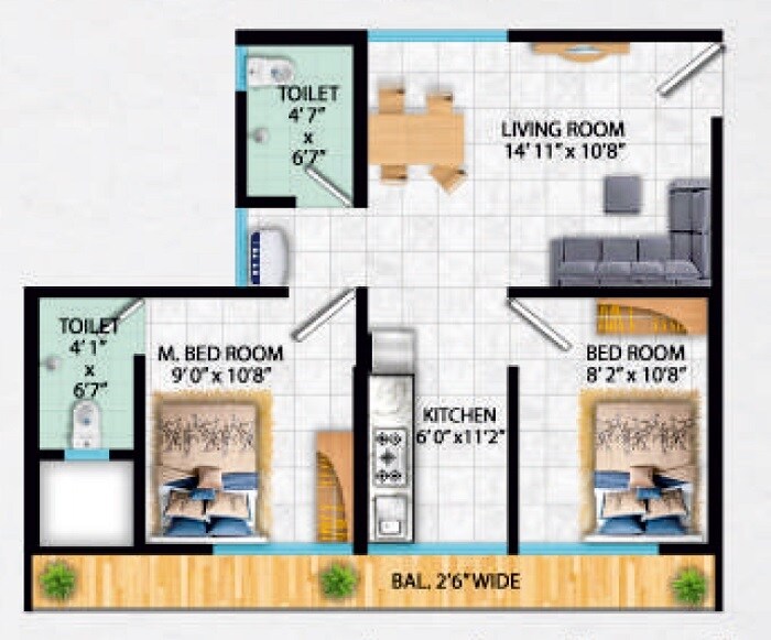 Floor plan of 2 BHK 516 Sq. Ft. Apartment in Maya Narayani Dham, Thane