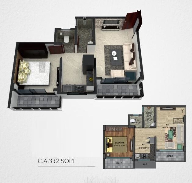 Floor plan of 1 BHK 332 Sq. Ft. Apartment in Mayfair Aasaan, Thane