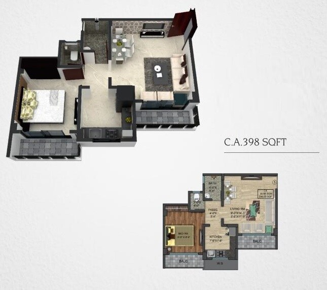 Floor plan of 1 BHK 398 Sq. Ft. Apartment in Mayfair Aasaan, Thane