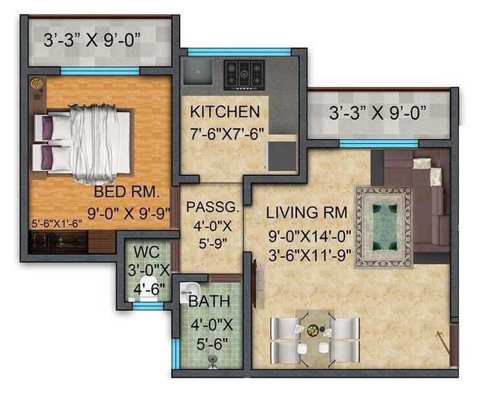 Floor plan of 1 BHK 332 Sq. Ft. Apartment in Mayfair Meadows, Thane