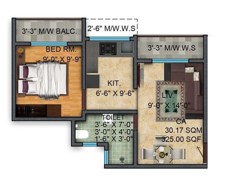 Floor plan of 1 BHK 389 Sq. Ft. Apartment in Mayfair Meadows, Thane