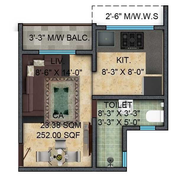 Floor plan of 242 Sq. Ft. Studio in Mayfair Meadows, Thane