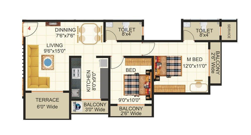 Floor plan of 2 BHK 728 Sq. Ft. Apartment in Mayur Mahal, Thane