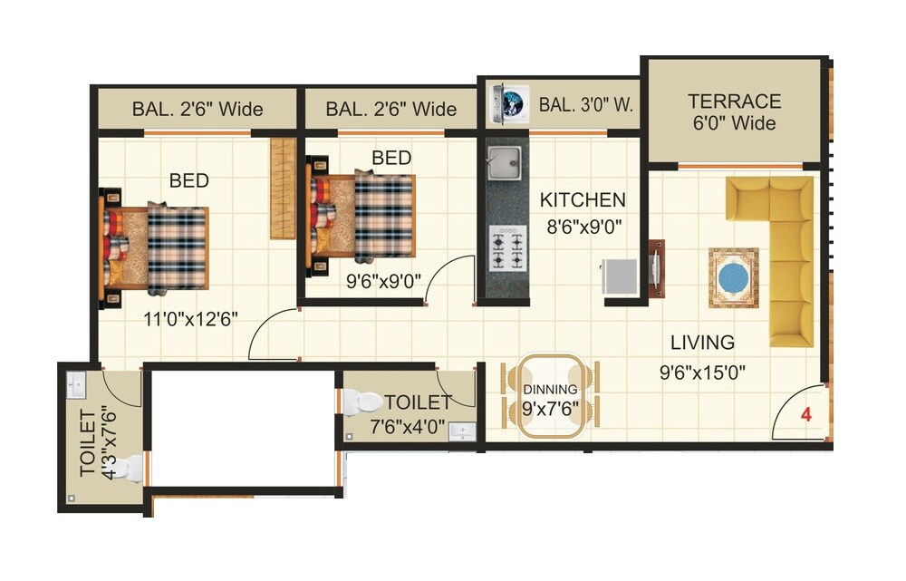 Floor plan of 2 BHK 739 Sq. Ft. Apartment in Mayur Mahal, Thane