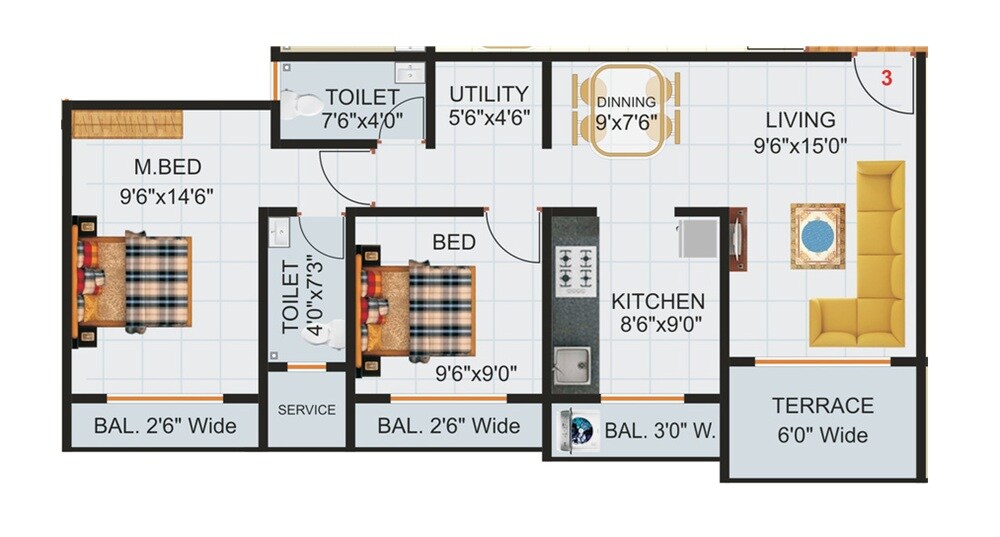 Floor plan of 3 BHK 788 Sq. Ft. Apartment in Mayur Mahal, Thane