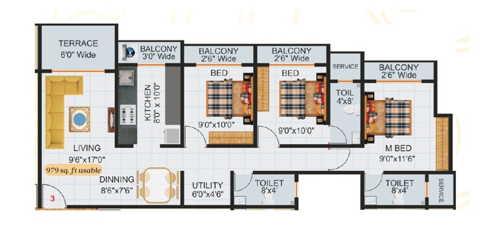 Floor plan of 3 BHK 979 Sq. Ft. Apartment in Mayur Mahal, Thane