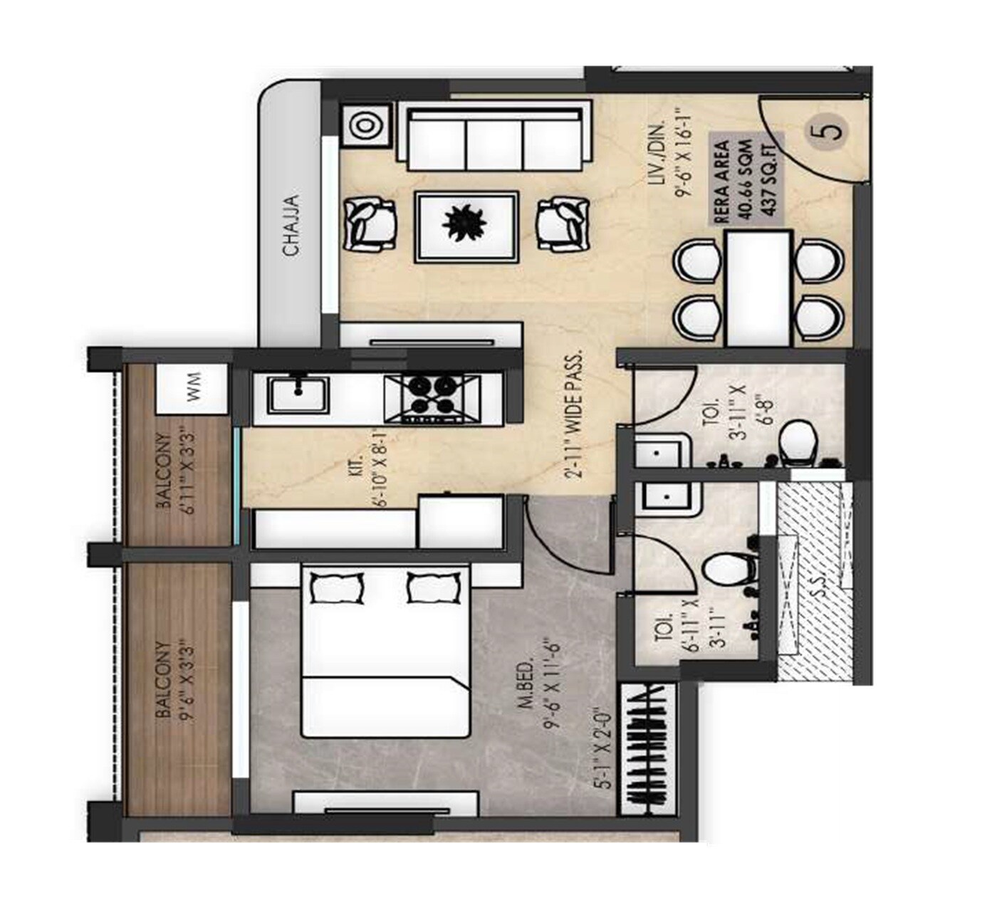 Floor plan of 1 BHK 490 Sq. Ft. Apartment in Mayur Shree Nandkumar Mahadev Ashirwad, Thane
