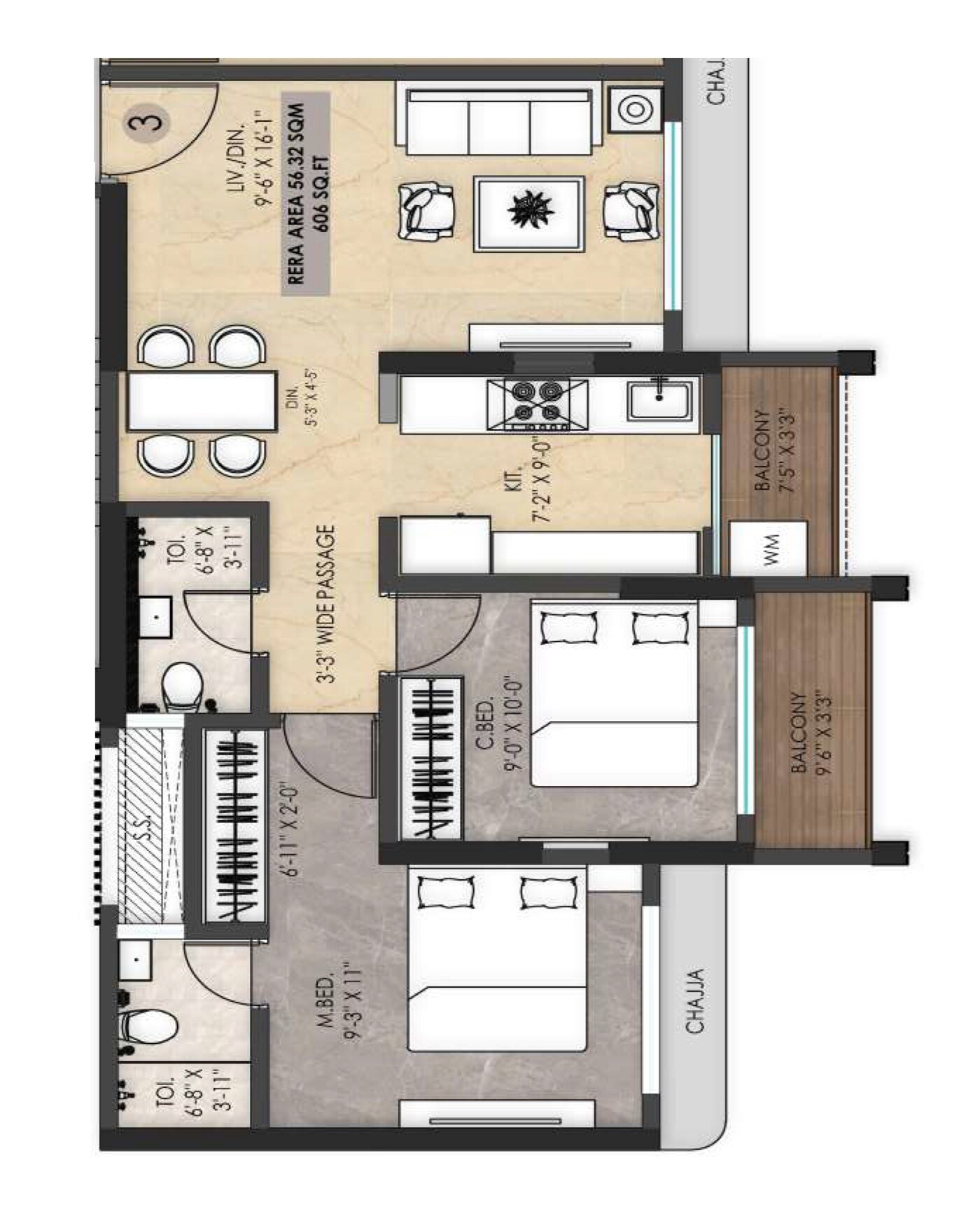2 BHK 606 Sq. Ft. Apartment