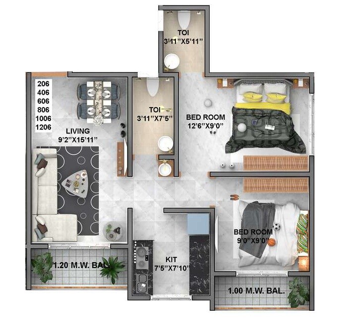 Floor plan of 2 BHK Apartment - 624 sq. ft. in MB Jari Mari Homes, Thane
