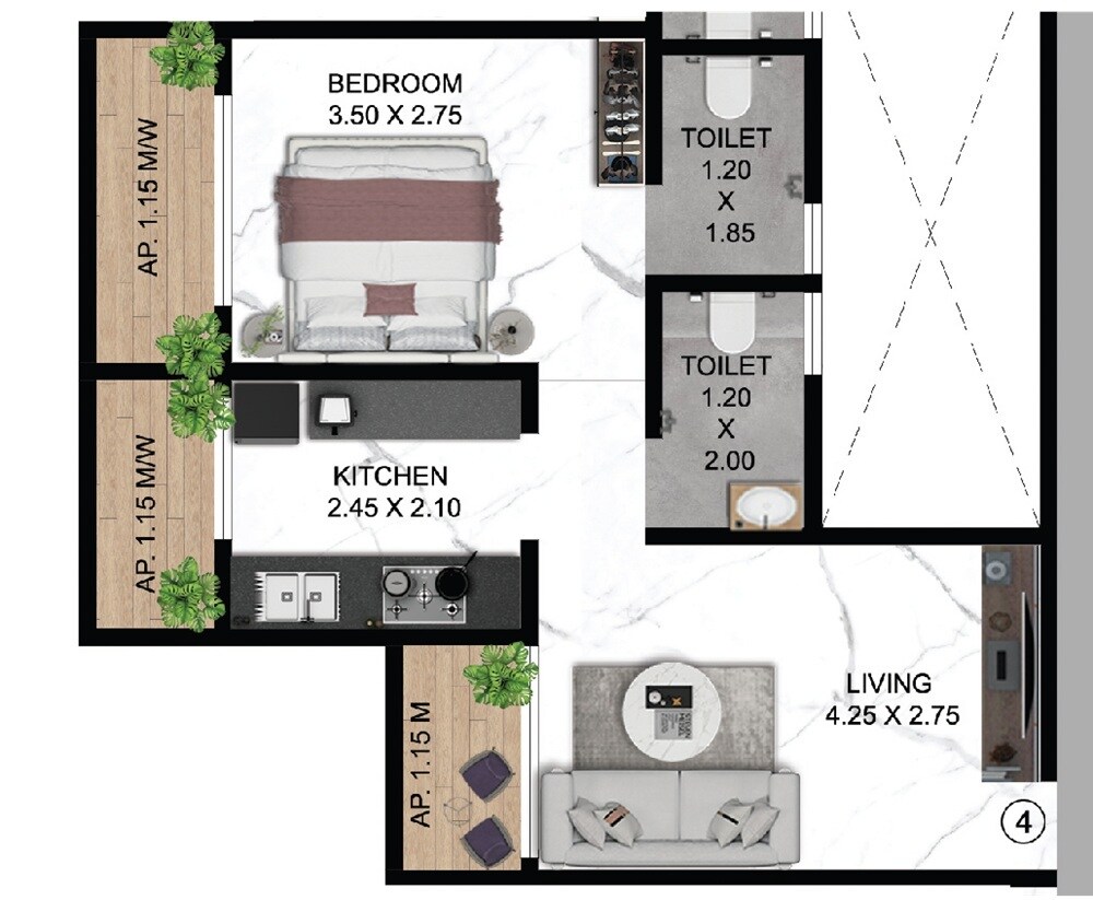 Floor plan of 1 BHK 435 Sq. Ft. Apartment in Meera Nanda Bliss, Thane