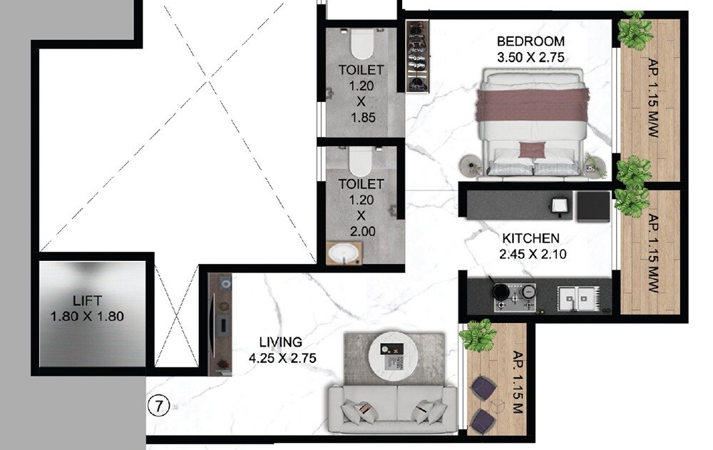 Floor plan of 1 BHK 445 Sq. Ft. Apartment in Meera Nanda Bliss, Thane