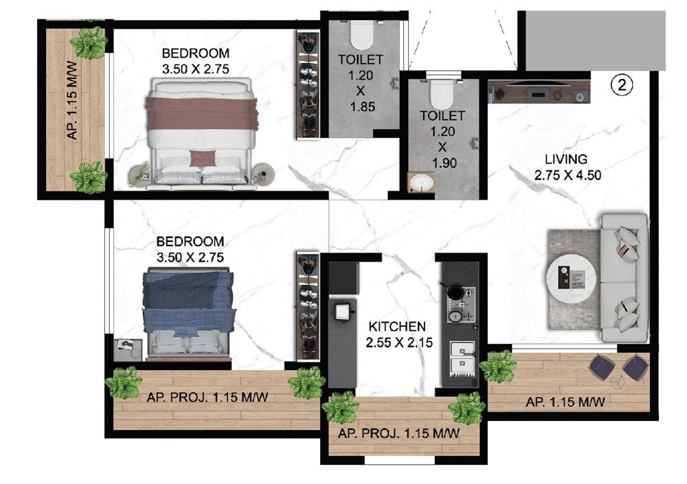 Floor plan of 2 BHK 551 Sq. Ft. Apartment in Meera Nanda Bliss, Thane