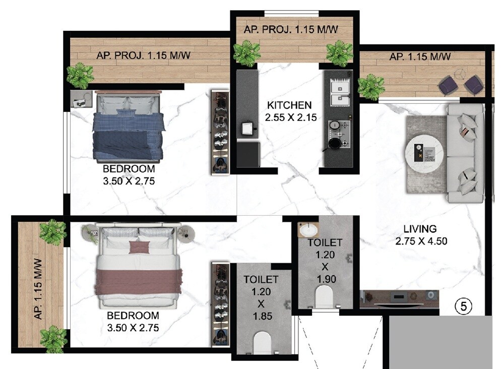 Floor plan of 2 BHK 630 Sq. Ft. Apartment in Meera Nanda Bliss, Thane