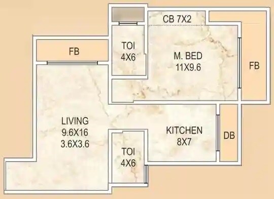 Floor plan of 1 BHK 381 Sq. Ft. Apartment in Meetali Rajvi Heights, Thane