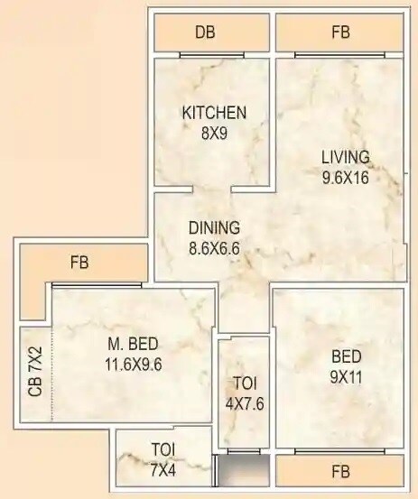 Floor plan of 2 BHK 564 Sq. Ft. Apartment in Meetali Rajvi Heights, Thane